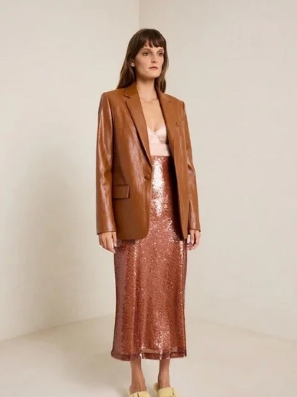 ALC Vegan Leather Blazer Cognac Brown Single Button Tailored Jacket Size 4